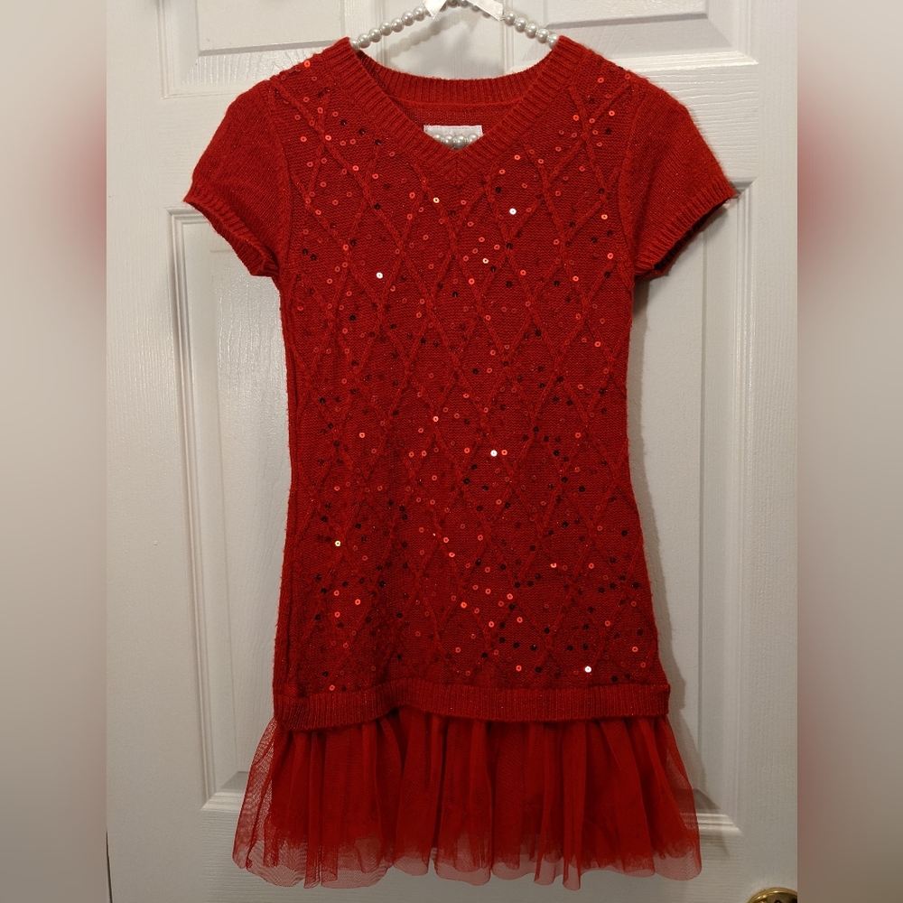 JUSTICE Gorgeous Girls Size 10 Red Sweater Dress w/ Sequence & Tulle. EUC.